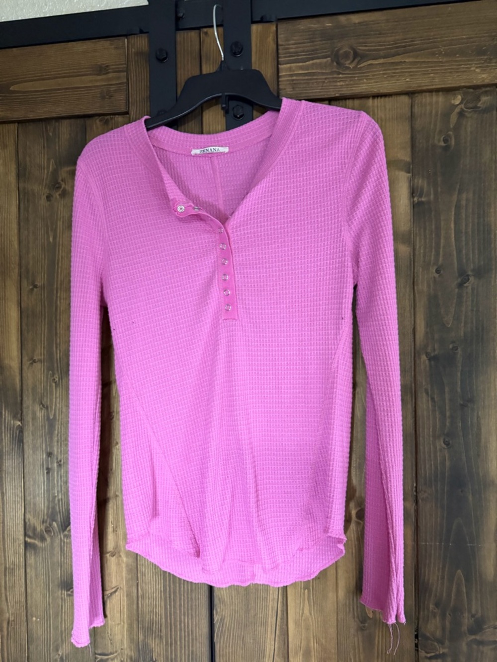 Zenana Outfitters Pink Waffle Knit Henley Long Sleeve Top